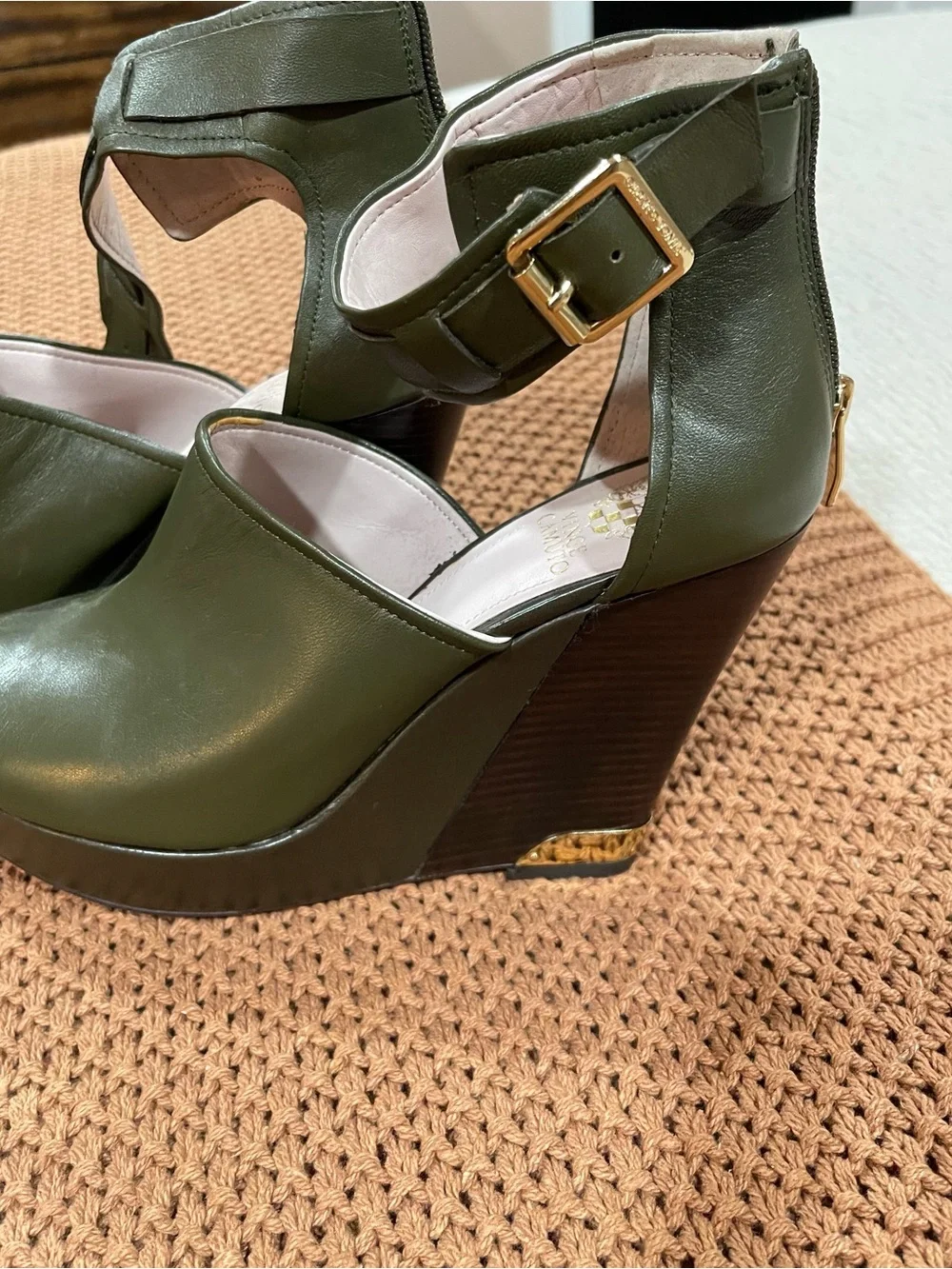 Vince Camuto Olive Green Peep-Toe Wedge Sandals with Buckle
